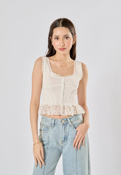 Chris White Shoulder Strap Buttons Up Floral Lace Tank Top