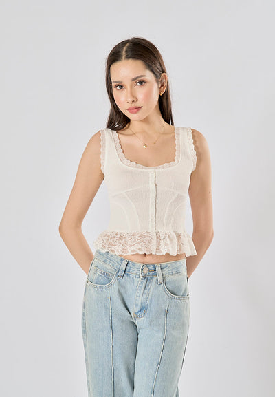 Chris White Shoulder Strap Buttons Up Floral Lace Tank Top