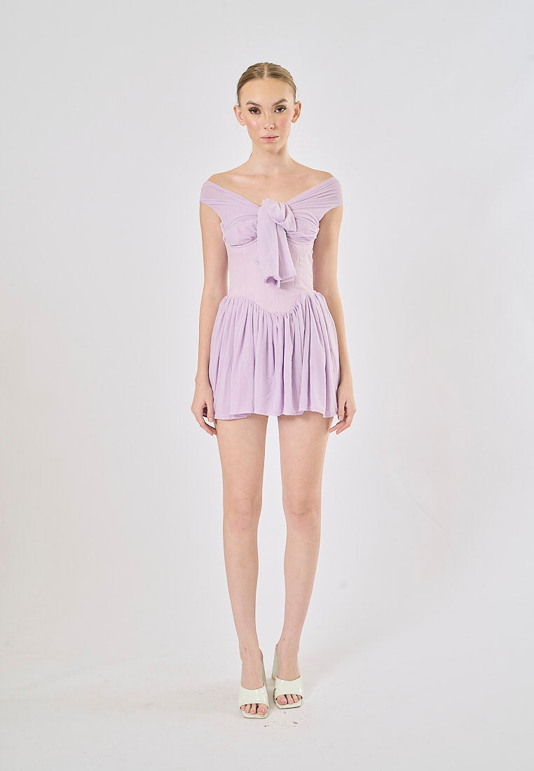 Kehlani Purple Bow Tie Off Shoulder Mini Dress