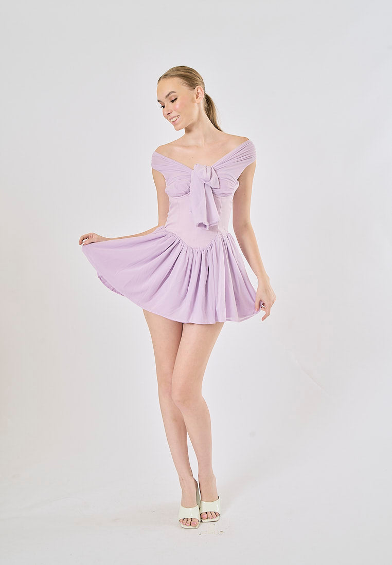 Kehlani Purple Bow Tie Off Shoulder Mini Dress