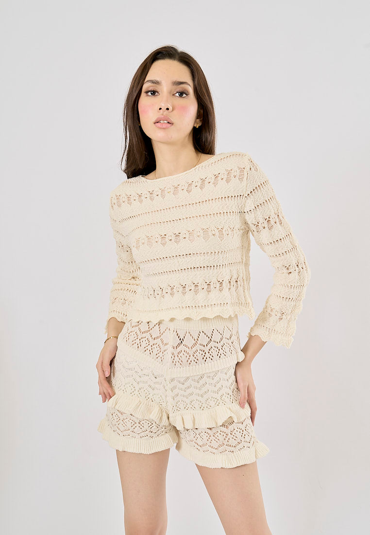 Haruto Beige Eyelet Crew Neck Long Sleeve Knitted Pullover Sweater