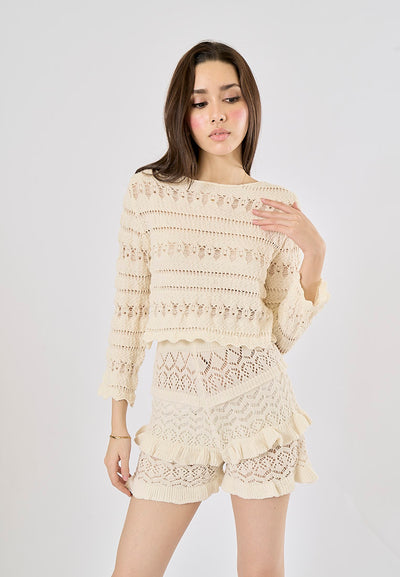 Haruto Beige Eyelet Crew Neck Long Sleeve Knitted Pullover Sweater