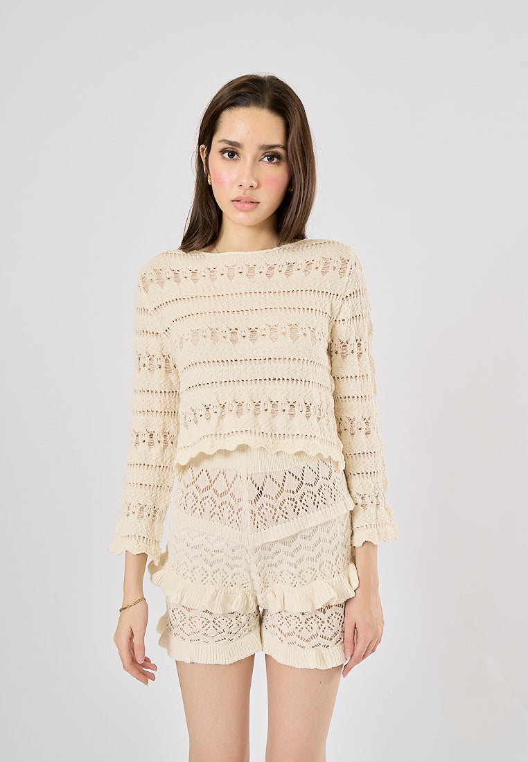 Haruto Beige Eyelet Crew Neck Long Sleeve Knitted Pullover Sweater