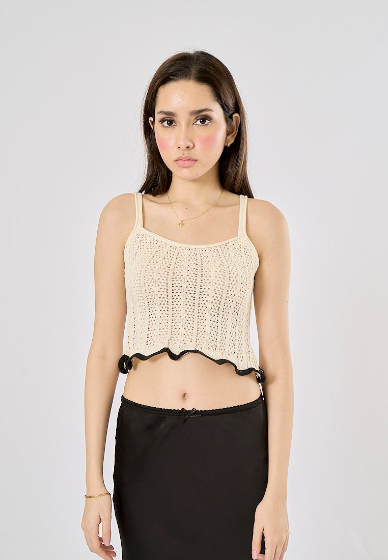 Nako Beige With Black Lining Spaghetti Strap Knitted Crop Top