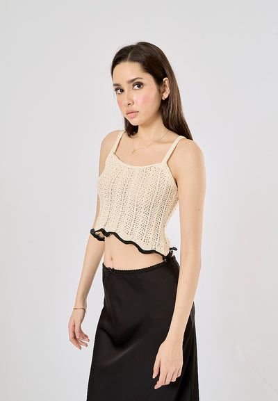 Nako Beige With Black Lining Spaghetti Strap Knitted Crop Top