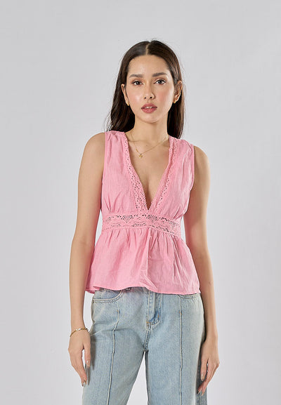 Caira Pink V Neck Sleeveless Backlace Up Tank Top