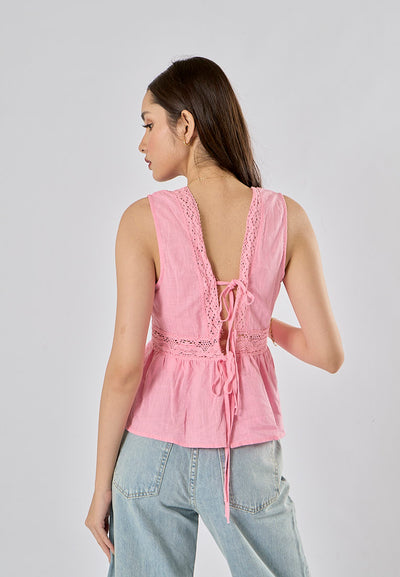 Caira Pink V Neck Sleeveless Backlace Up Tank Top