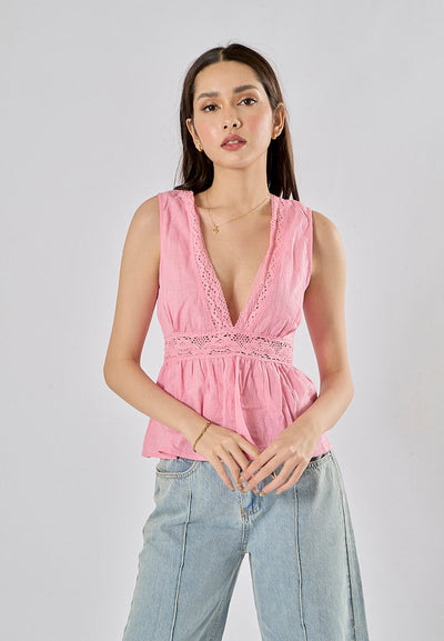 Caira Pink V Neck Sleeveless Backlace Up Tank Top