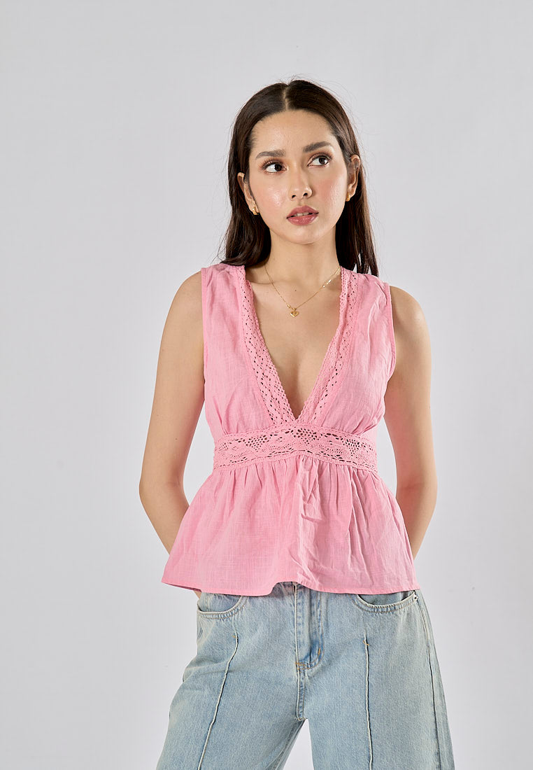 Caira Pink V Neck Sleeveless Backlace Up Tank Top