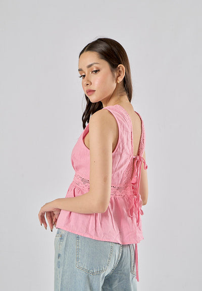 Caira Pink V Neck Sleeveless Backlace Up Tank Top