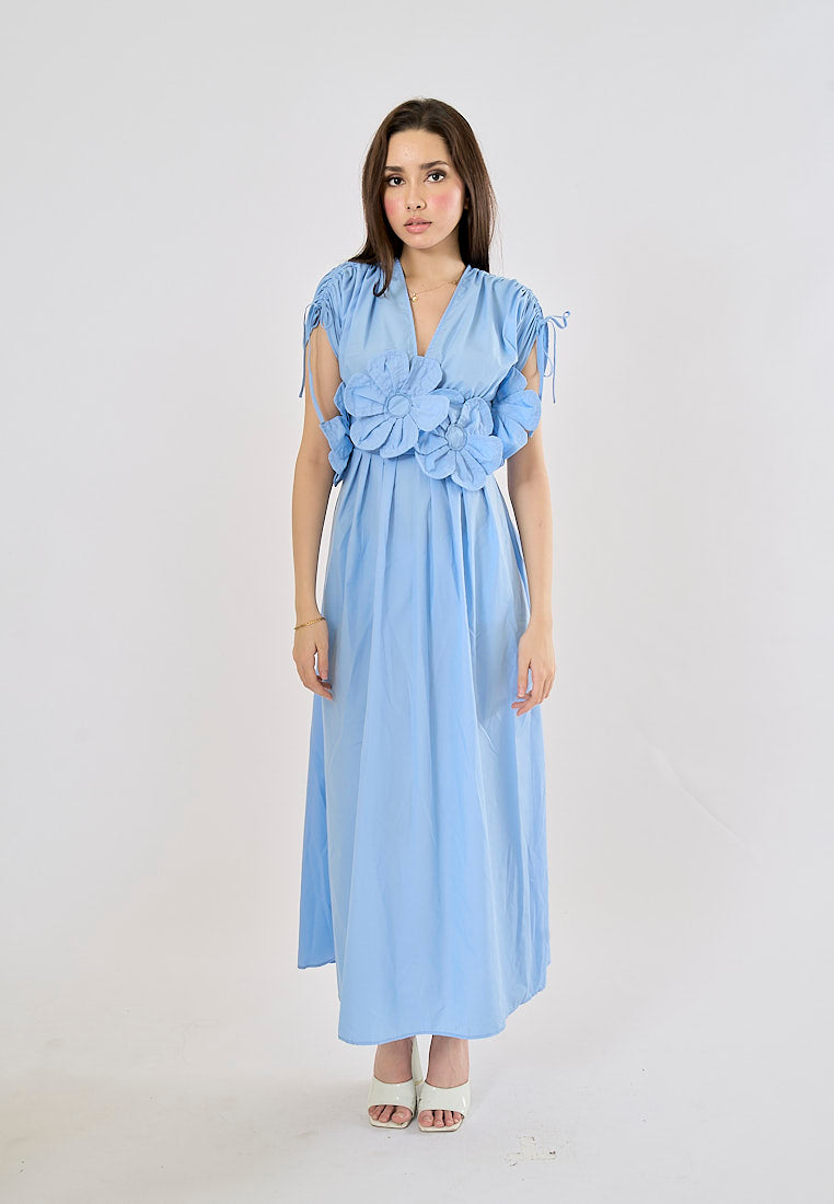 Bree Light Blue V Neck Elastic Waist With Flower Details Midi Dress