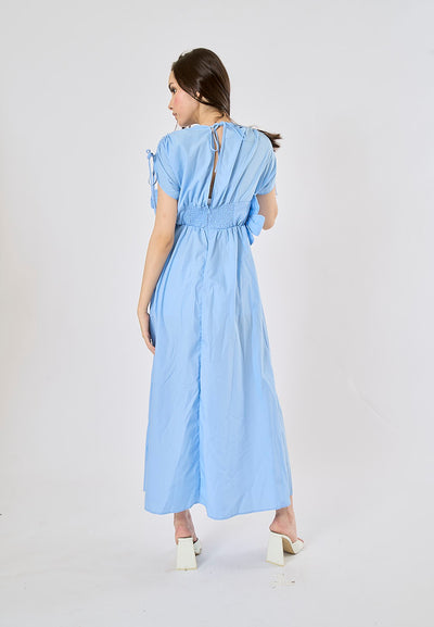 Bree Light Blue V Neck Elastic Waist With Flower Details Midi Dress