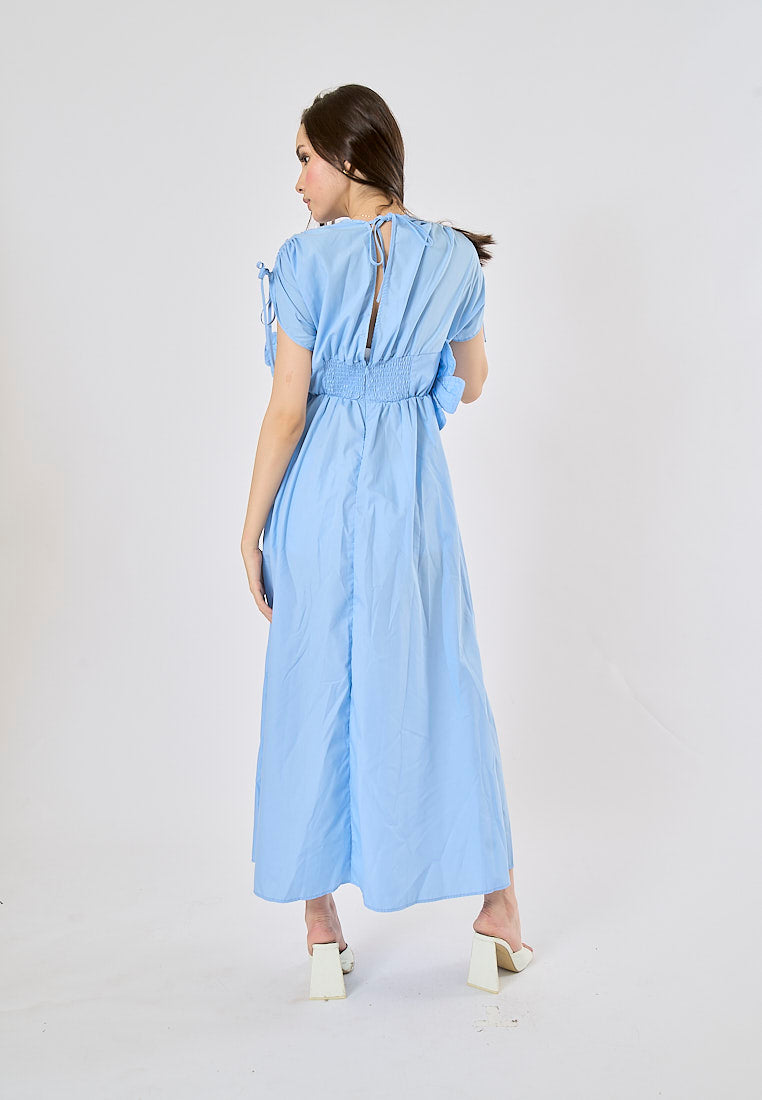 Bree Light Blue V Neck Elastic Waist With Flower Details Midi Dress