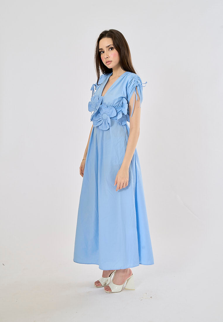 Bree Light Blue V Neck Elastic Waist With Flower Details Midi Dress