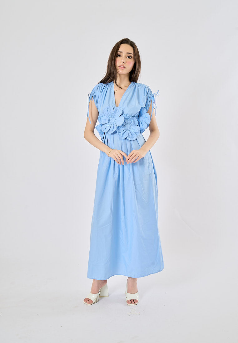 Bree Light Blue V Neck Elastic Waist With Flower Details Midi Dress