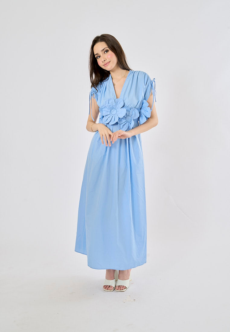 Bree Light Blue V Neck Elastic Waist With Flower Details Midi Dress