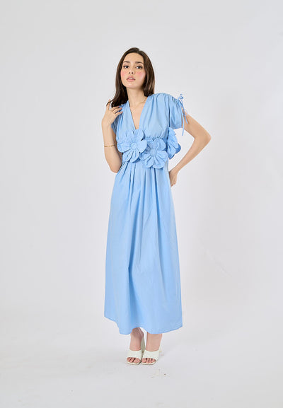 Bree Light Blue V Neck Elastic Waist With Flower Details Midi Dress