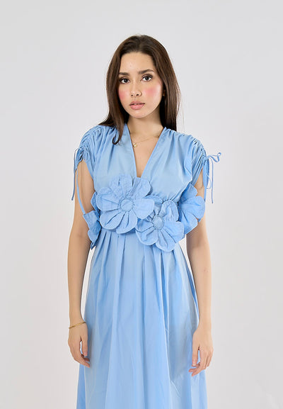 Bree Light Blue V Neck Elastic Waist With Flower Details Midi Dress