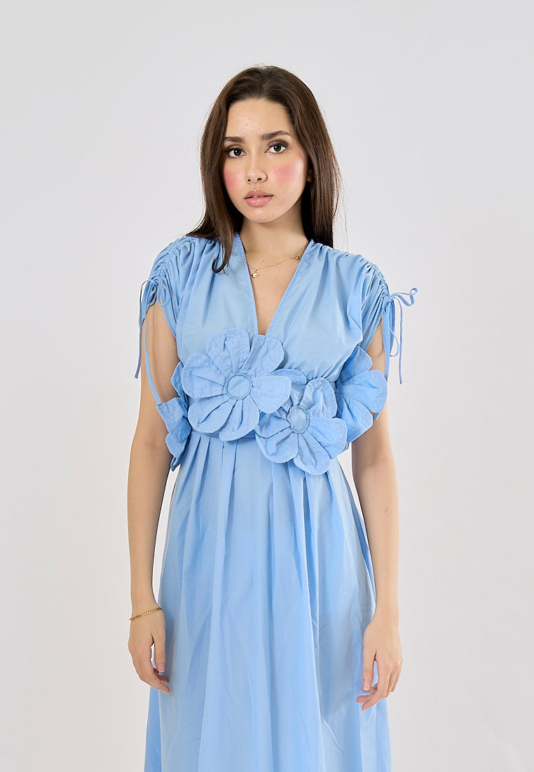 Bree Light Blue V Neck Elastic Waist With Flower Details Midi Dress