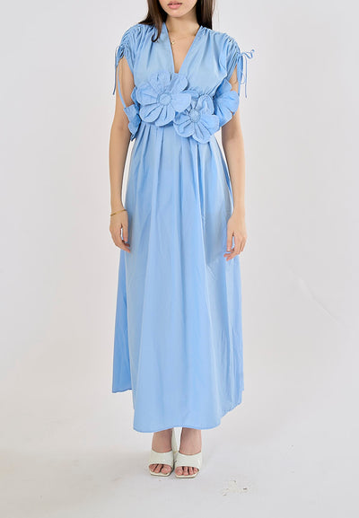 Bree Light Blue V Neck Elastic Waist With Flower Details Midi Dress