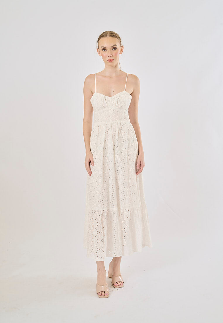 Hitomi White Hollow Out Embroidery Smocked Midi Dress