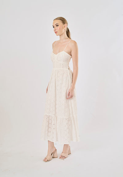 Hitomi White Hollow Out Embroidery Smocked Midi Dress