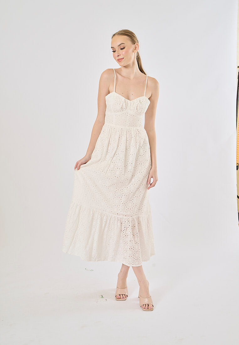 Hitomi White Hollow Out Embroidery Smocked Midi Dress