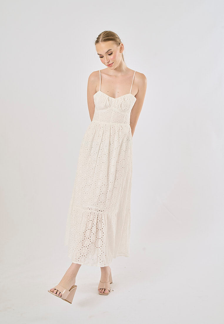 Hitomi White Hollow Out Embroidery Smocked Midi Dress