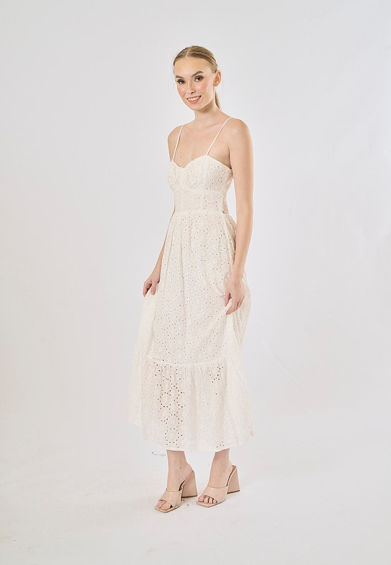 Hitomi White Hollow Out Embroidery Smocked Midi Dress