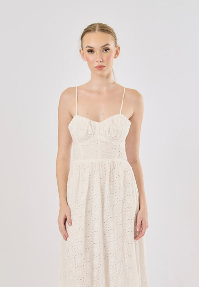 Hitomi White Hollow Out Embroidery Smocked Midi Dress