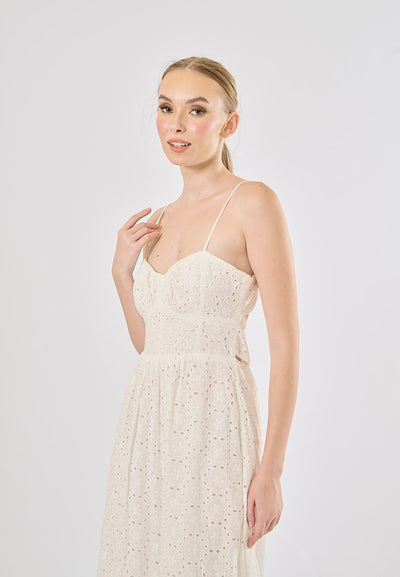 Hitomi White Hollow Out Embroidery Smocked Midi Dress