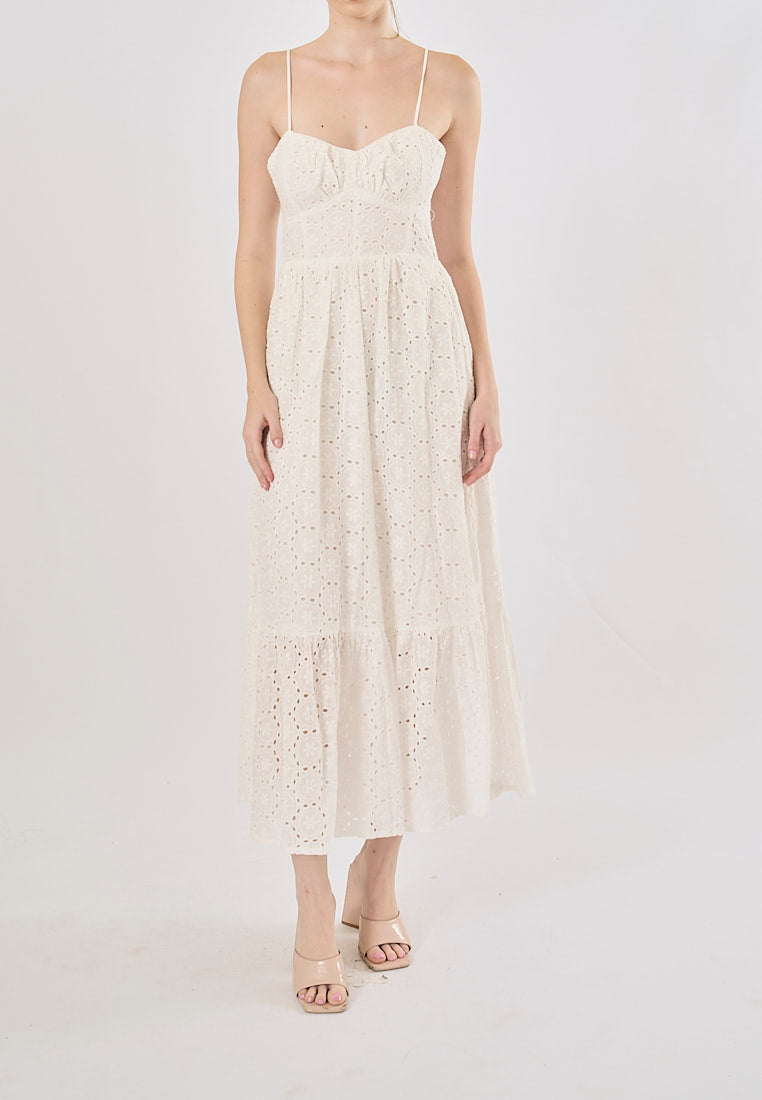 Hitomi White Hollow Out Embroidery Smocked Midi Dress