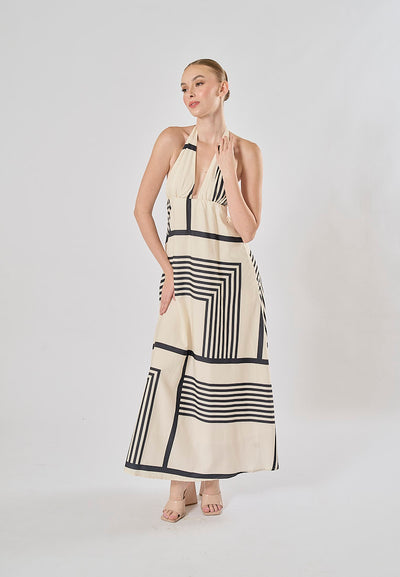 Reei White And Black Striped Poplin Midi Dress