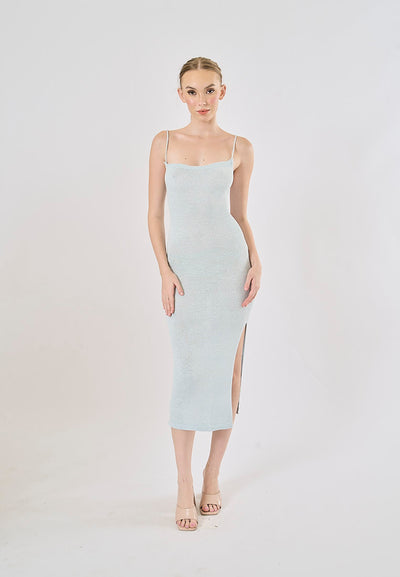 Forsythia Powder Blue Back Cut Out High Split Maxi Dress