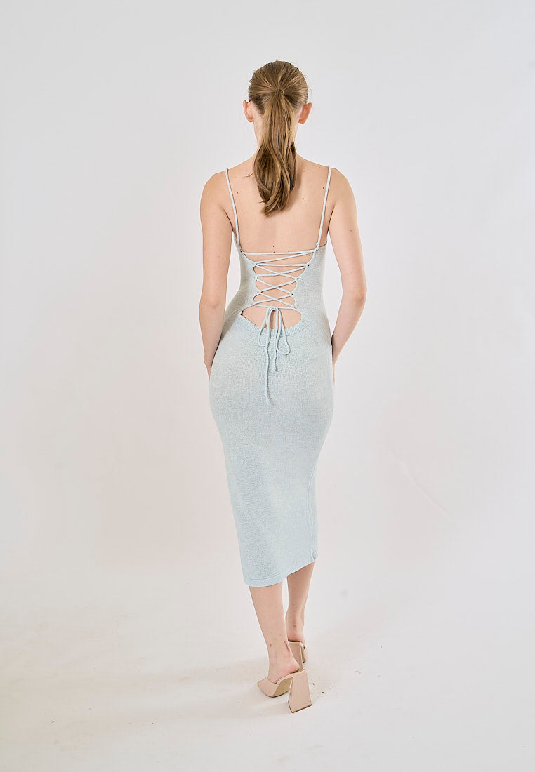 Forsythia Powder Blue Back Cut Out High Split Maxi Dress