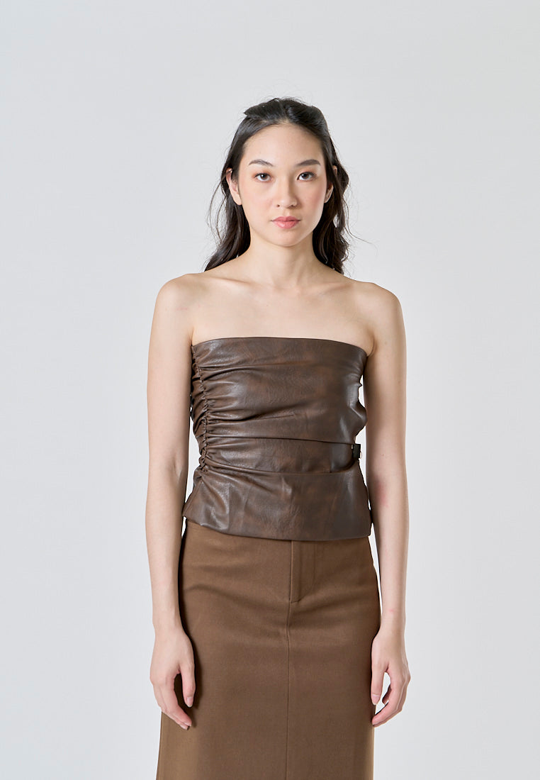 (PRE-ORDER: ETA October 1)Zevity Brown Faux Leather Side Pleats Sexy Tube Top