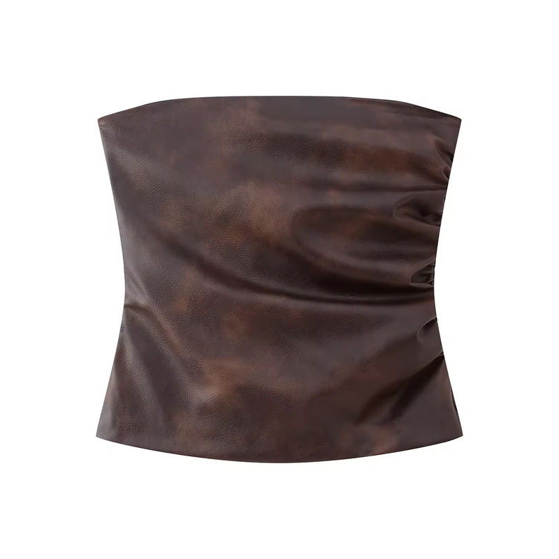 (PRE-ORDER: ETA October 1)Zevity Brown Faux Leather Side Pleats Sexy Tube Top