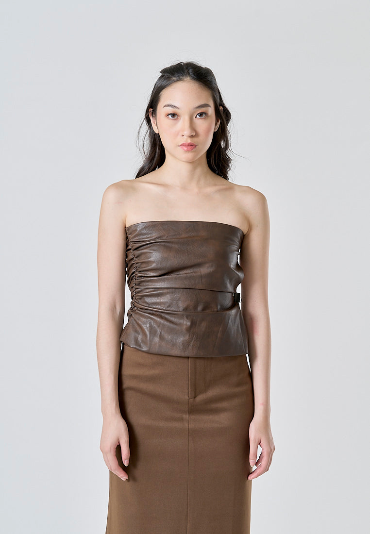 (PRE-ORDER: ETA October 1)Zevity Brown Faux Leather Side Pleats Sexy Tube Top