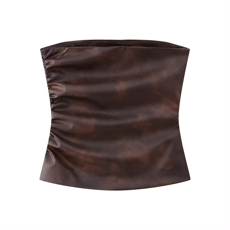 (PRE-ORDER: ETA October 1)Zevity Brown Faux Leather Side Pleats Sexy Tube Top