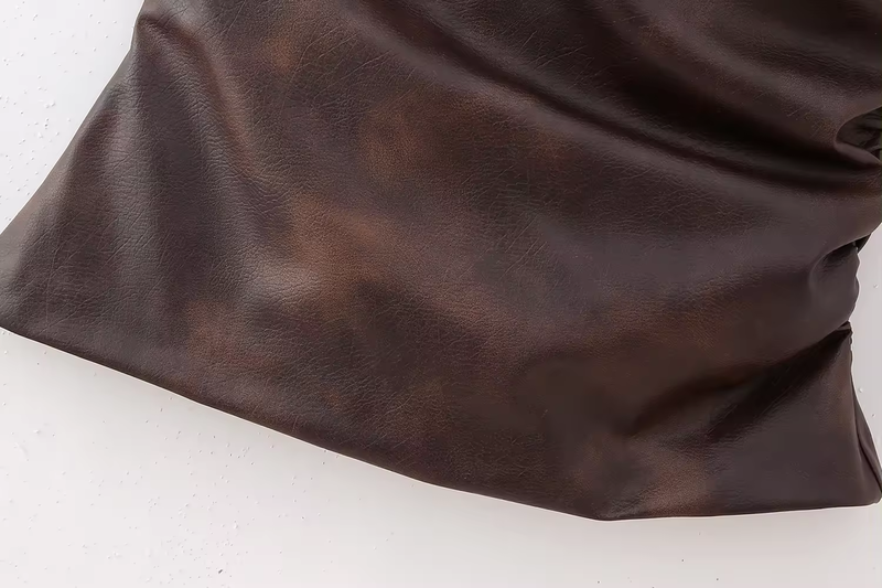 (PRE-ORDER: ETA October 1)Zevity Brown Faux Leather Side Pleats Sexy Tube Top