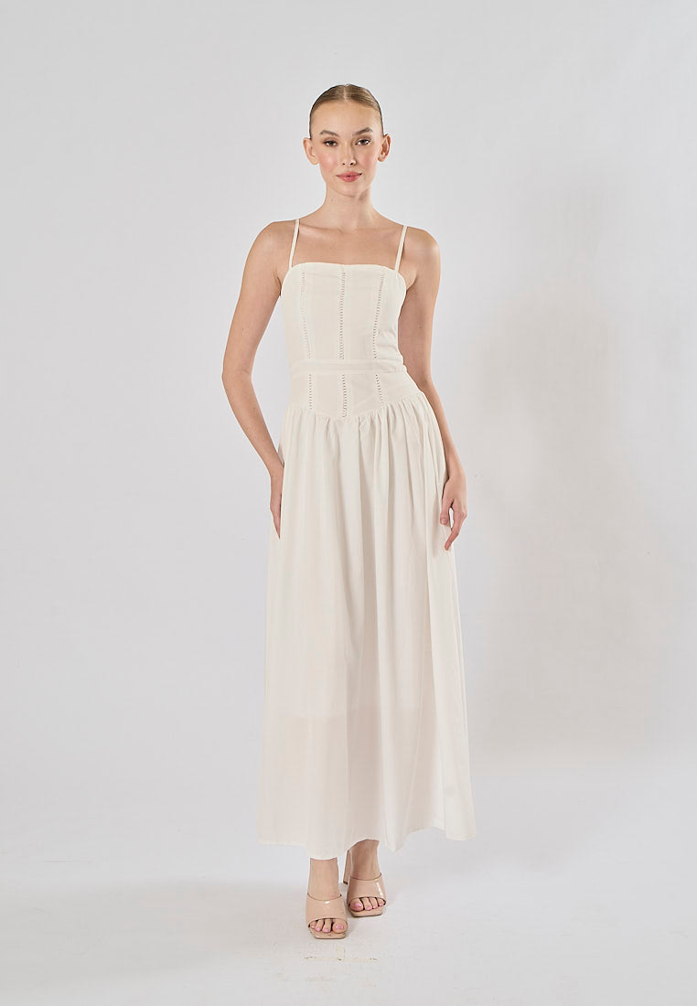 Norris White Hollow Out Splicing Belted Maxi Dress