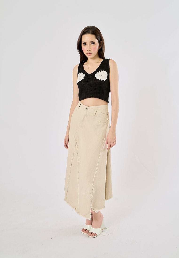 Montela Beige Zipper Fly Side Slit Asymmetrical Denim Maxi Skirt