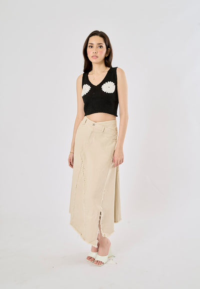 Montela Beige Zipper Fly Side Slit Asymmetrical Denim Maxi Skirt