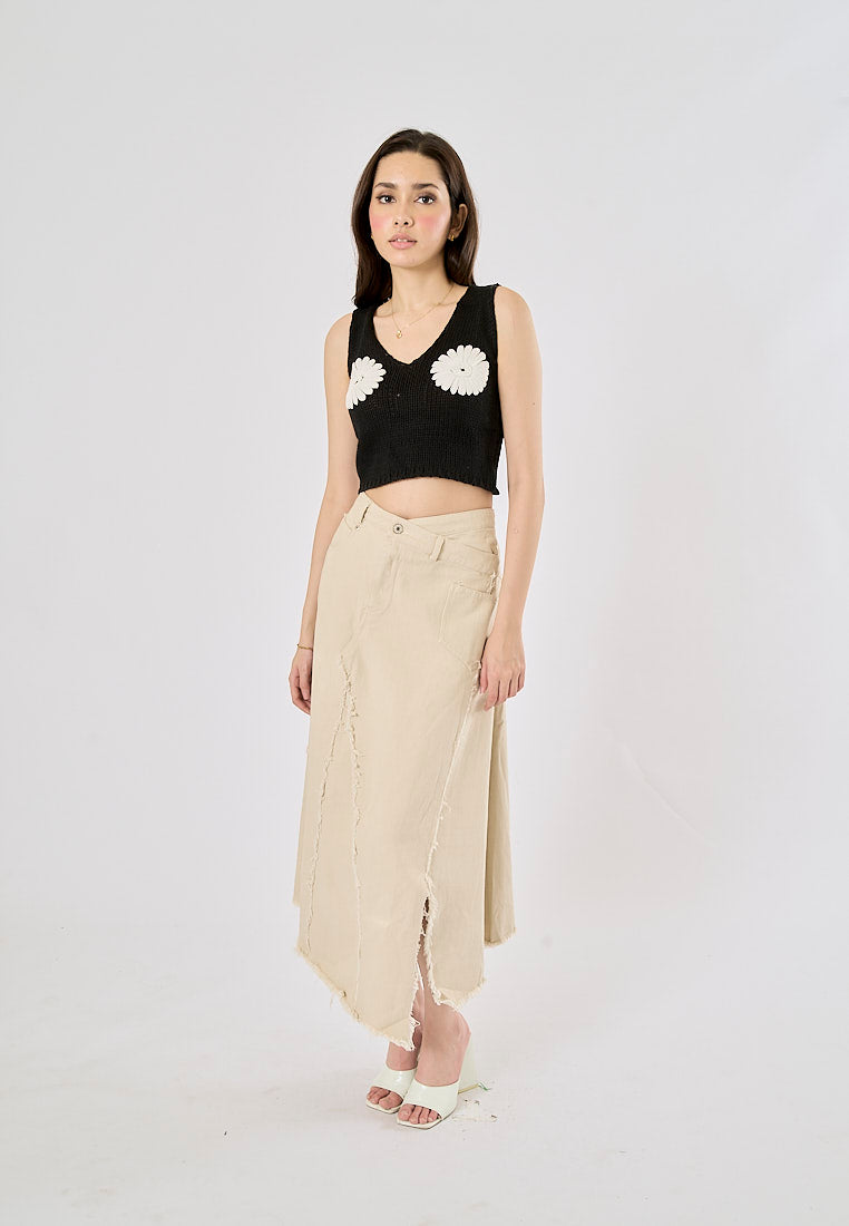 Montela Beige Zipper Fly Side Slit Asymmetrical Denim Maxi Skirt