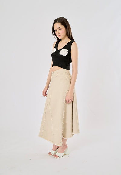 Montela Beige Zipper Fly Side Slit Asymmetrical Denim Maxi Skirt