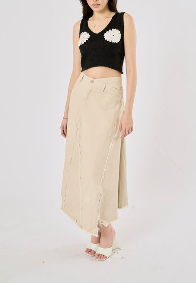 Montela Beige Zipper Fly Side Slit Asymmetrical Denim Maxi Skirt