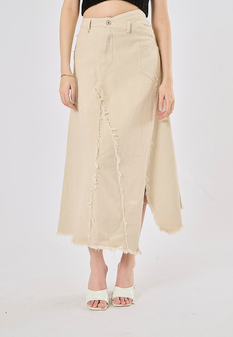 Montela Beige Zipper Fly Side Slit Asymmetrical Denim Maxi Skirt