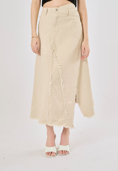 Montela Beige Zipper Fly Side Slit Asymmetrical Denim Maxi Skirt