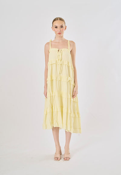 Arzhel Pastel Yellow Shoulder Strap Patchwork Design Midi Dress