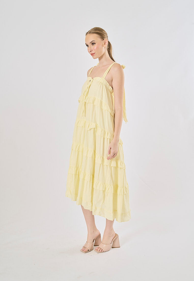 Arzhel Pastel Yellow Shoulder Strap Patchwork Design Midi Dress